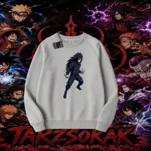 Madara Uchiha Naruto Anime Karakteri Oversize Unisex Bisiklet Yaka Sweatshirt Beyaz