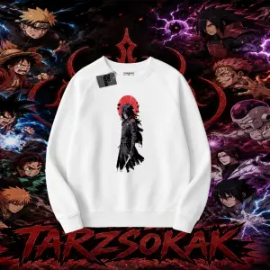 Madara Uchiha Naruto Anime Karakteri Oversize Unisex Bisiklet Yaka Sweatshirt Beyaz
