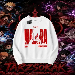 Madara Uchiha Naruto Anime Karakteri Oversize Unisex Bisiklet Yaka Sweatshirt Beyaz