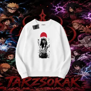 Madara Uchiha Naruto Anime Karakteri Oversize Unisex Bisiklet Yaka Sweatshirt Beyaz