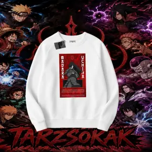 Madara Uchiha Naruto Anime Karakteri Oversize Unisex Bisiklet Yaka Sweatshirt Beyaz