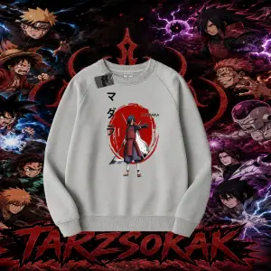 Madara Uchiha Naruto Anime Karakteri Oversize Unisex Bisiklet Yaka Sweatshirt Beyaz