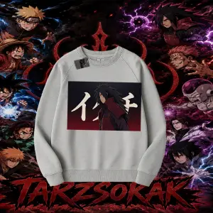 Madara Uchiha Naruto Anime Karakteri Oversize Unisex Bisiklet Yaka Sweatshirt Beyaz