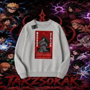 Madara Uchiha Naruto Anime Karakteri Oversize Unisex Bisiklet Yaka Sweatshirt Beyaz