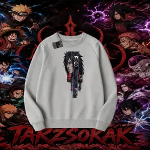 Madara Uchiha Naruto Anime Karakteri Oversize Unisex Bisiklet Yaka Sweatshirt Beyaz