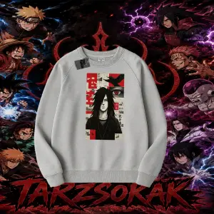 Madara Uchiha Naruto Anime Karakteri Oversize Unisex Bisiklet Yaka Sweatshirt Beyaz