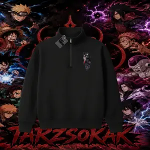 Madara Uchiha Naruto Anime Karakteri Unisex Polo Yaka Yarım Fermuarlı Sweatshirt Beyaz