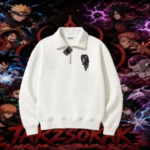 Madara Uchiha Naruto Anime Karakteri Unisex Polo Yaka Yarım Fermuarlı Sweatshirt Beyaz