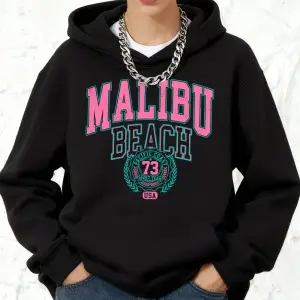 Malibu Plajı Mektup Baskılı Kapüşonlu Üstler Pamuklu Kadın Sporcu Bol Kazak Kışlık Polar Sıca