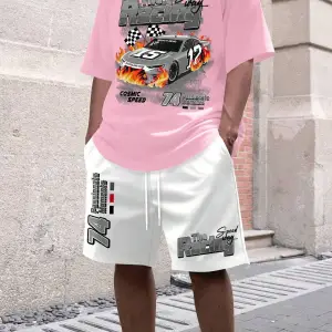 Manfinity EMRG Erkek Günlük Araba Harf Baskılı Kısa Kollu Tişört Ve Şort Takımı