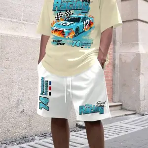 Manfinity EMRG Erkek Günlük Araba Harf Baskılı Kısa Kollu Tişört Ve Şort Takımı