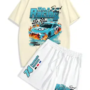 Manfinity EMRG Erkek Günlük Araba Harf Baskılı Kısa Kollu Tişört Ve Şort Takımı