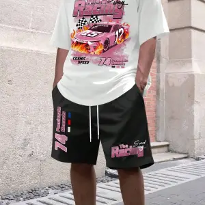 Manfinity EMRG Erkek Harf ve Araba Baskılı Rahat Yuvarlak Yaka Kısa Kollu