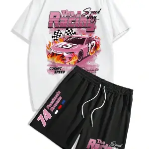 Manfinity EMRG Erkek Harf ve Araba Baskılı Rahat Yuvarlak Yaka Kısa Kollu