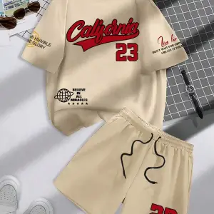 Manfinity Hypemode Erkek Günlük Mektup Baskılı Kısa Kollu Tişört ve Şort TakımıTişört Ve Şort Takımı