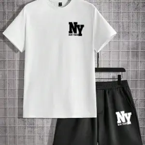 Manfinity Hypemode Erkek Yazlık Rahat Örme Kısa Kollu Tişört ve Şort Harf Baskılı