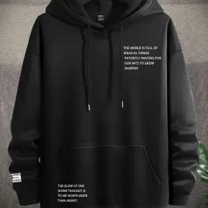 Manfinity Hypemode Slogan Graphic Kangaroo Pocket Drawstring Hoodie Siyah
