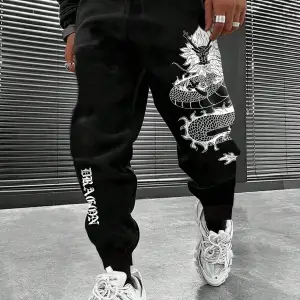 Manfinity Men Plus Çin Ejderha Baskılı Bel İpli Eşofman Altı