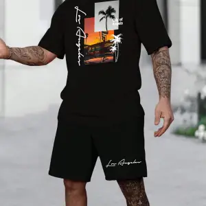 Manfinity RSRT Erkek Yaz Palmiye Ağacı Mektup Tişört Ve Şort Takımı