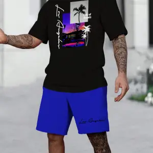 Manfinity RSRT Erkek Yaz Palmiye Ağacı Mektup Tişört Ve Şort Takımı
