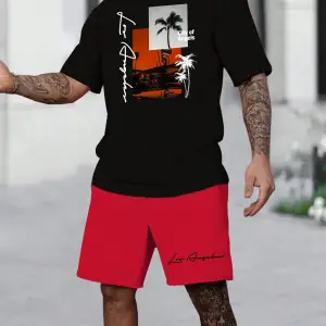 Manfinity RSRT Erkek Yaz Palmiye Ağacı Mektup Tişört Ve Şort Takımı