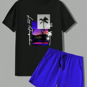 Manfinity RSRT Erkek Yaz Palmiye Ağacı Mektup Tişört Ve Şort Takımı