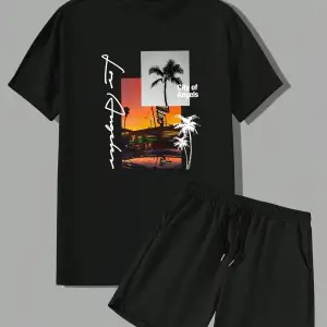 Manfinity RSRT Erkek Yaz Palmiye Ağacı Mektup Tişört Ve Şort Takımı