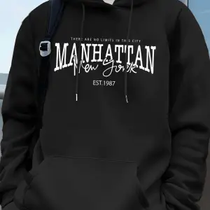 Manhattan New York Kelimeler Baskılı Erkek Kapüşonlu Üstleri Sonbahar Bol Sweatshirt Hip Hop