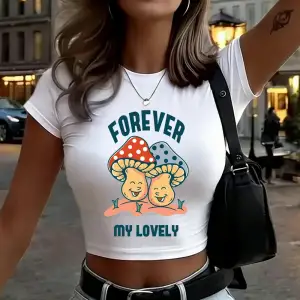 Mantar Kafatası Güzel Baskılı Bayan Kırpma Üstleri Yaz İnce O-Boyun Sokak Şıklığı Yumuşak Kıs