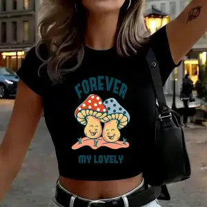 Mantar Kafatası Güzel Baskılı Bayan Kırpma Üstleri Yaz İnce O-Boyun Sokak Şıklığı Yumuşak Kıs