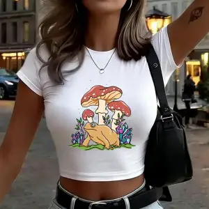Mantar ve kurbağa baskılı kadın kısa tişörtler yaz yüksek elastik yumuşak üstler ince kısa ko