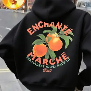 Marche Oranges Market Baskılı Kapüşonlu Üstler Kadınlar İçin Basit Cepli Kazak Kışlık Polar S