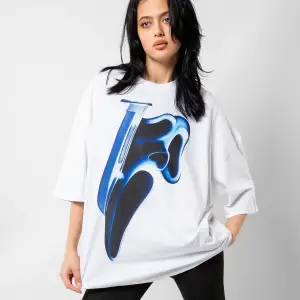 Mask Baskılı Beyaz Unisex Oversize