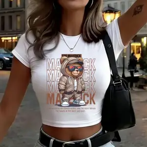 Maverick Sport Bear Baskılı Kadın Babby Tees Yaz İnce O-Boyun Tişörtleri Yumuşak Kısa Kollu T
