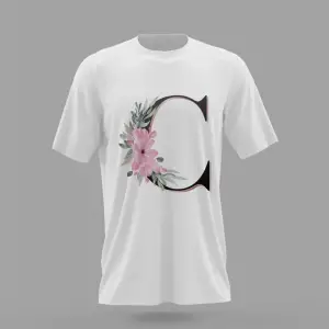MAVİ C Harfi Baş Harf Pembe Çiçekli Baskılı T-shirt PNRMTSHRT4491