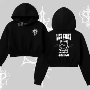 Meditasyon Yapan Kedi Baskılı Kapşonlu Crop Sweatshirt