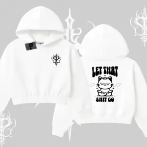 Meditasyon Yapan Kedi Baskılı Kapşonlu Crop Sweatshirt