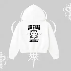 Meditasyon Yapan Kedi Baskılı Kapşonlu Crop Sweatshirt