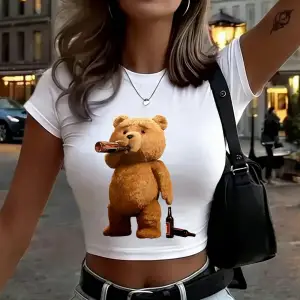 Melankolik Ayı İçme Baskılar Kadın Kırpma T-Shirt Yaz Yumuşak Yüksek Elastik Üstler O-Boyun K