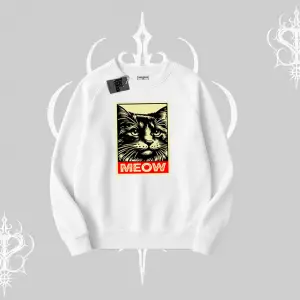 Meow Yazılı Kedi Portre Baskılı Biskilet Sweatshirt