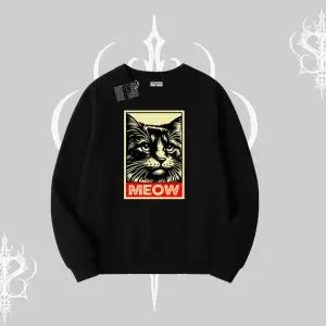 Meow Yazılı Kedi Portre Baskılı Biskilet Sweatshirt