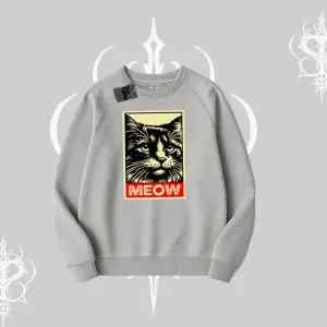 Meow Yazılı Kedi Portre Baskılı Biskilet Sweatshirt