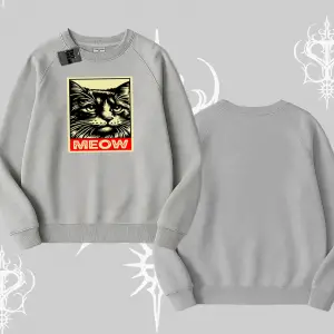 Meow Yazılı Kedi Portre Baskılı Biskilet Sweatshirt