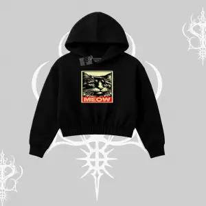 Meow Yazılı Kedi Portre Baskılı Kapşonlu Crop Sweatshirt
