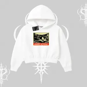 Meow Yazılı Kedi Portre Baskılı Kapşonlu Crop Sweatshirt