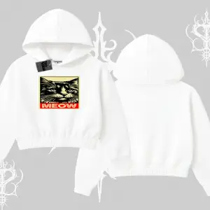 Meow Yazılı Kedi Portre Baskılı Kapşonlu Crop Sweatshirt