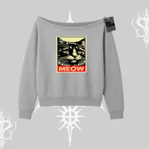 Meow Yazılı Kedi Portre Baskılı Kayık Yaka Sweatshirt