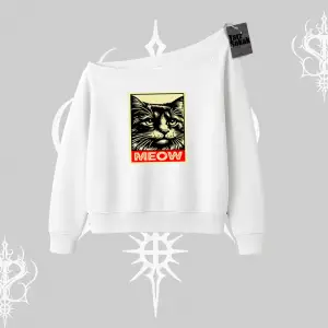 Meow Yazılı Kedi Portre Baskılı Kayık Yaka Sweatshirt