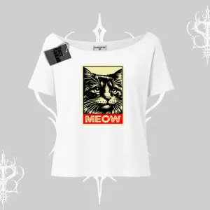 Meow Yazılı Kedi Portre Baskılı Kayık Yaka Tshirt