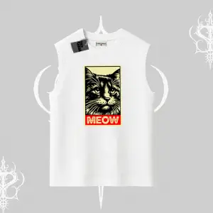 Meow Yazılı Kedi Portre Baskılı Kolsuz Tshirt